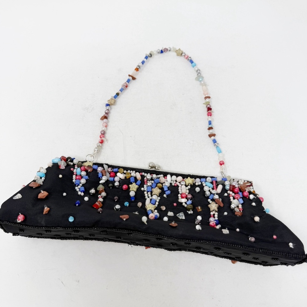 Black Rainbow Beaded Evening Clutch Purse with Beaded Strap Going Out Wedding